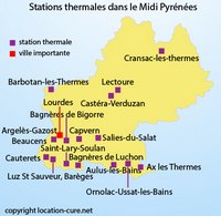 Carte des Midi-Pyrénées avec les stations thermales