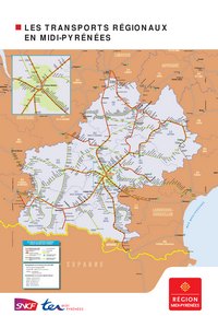 Carte des Midi-Pyrénées avec les transports en train et en autocar