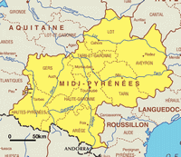 Carte des Midi-Pyrénées avec les villes et les rivières