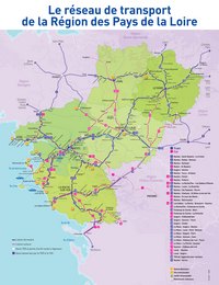 Carte des Pays de la Loire avec le réseau des transports en train TER, TGV et en car