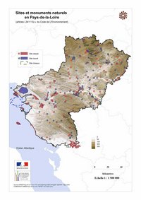 Carte des Pays de la Loire avec les sites et monuments naturels classés, inscrits et les sites UNESCO
