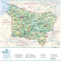 Carte de la Picardie avec les villes, la population, les routes, les autoroutes, le relief et l'altitude