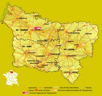 Carte routière de la Picardie avec les autoroutes, les nationales et les fleuves