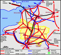 Carte de la Picardie avec les infrastructures de transport, les autoroutes, les chemins de fer et le TGV