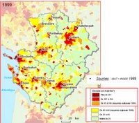 Carte du Poitou-Charentes avec la densité de population en 1999