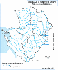 Carte hydrographique du Poitou-Charentes avec les barrages et les cours d'eau