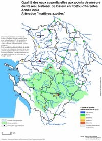 Carte du Poitou-Charentes avec la qualité des eaux en 2003