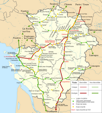 Carte du Poitou-Charentes avec les trains, les gares et le type de voie