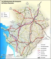Carte du Poitou-Charentes avec les transports, les routes locales, départementales et régionales