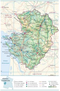 Carte du Poitou-Charentes avec les villes, les routes, le relief, les rivières, les aéroports et l'altitude