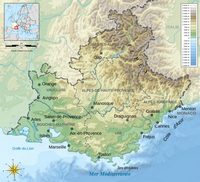 Carte de la Provence-Alpes-Côte d'Azur avec le relief et l'altitude en mètre