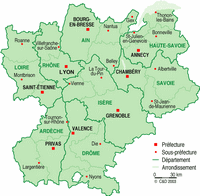 Carte du Rhône-Alpes administrative avec les préfectures, les sous-préfectures, les départements et les arrondissements