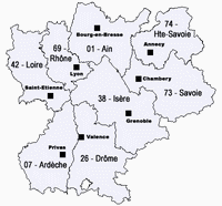 Carte du Rhône Alpes avec les départements