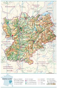 Carte du Rhône-Alpes avec les villes, les routes, les parcs naturels, le relief et l'altitude