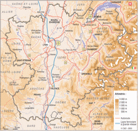 Carte du Rhône-Alpes avec les autoroutes, les chemins de fer, le relief et l'altitude en mètre