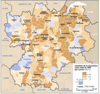 Carte du Rhône-Alpes avec la variation de la population par canton de 1990 à 1999