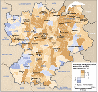 carte Rhône-Alpes variation de la population par canton de 1990 à 1999