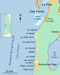 Carte de Biscarrosse avec les spots de surf