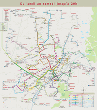 Carte de Mulhouse avec les bus et les trams du lundi au samedi jusqu'à 20h