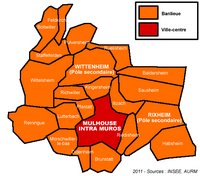 Carte de Mulhouse avec le découpage administratif des communes