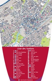 Carte de Mulhouse avec le plan vélocité et les bornes de location de vélo qui acceptent la CB ou pas