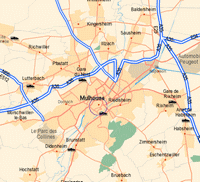 Plan de Mulhouse avec la gare et les accès par l'autoroute
