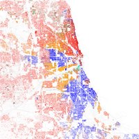 Carte de Chicago avec la répartition ethnique, en rouge les blancs, en bleu les noir, en vert les asiatiques, en orange les hispaniques et en jaune les autres.