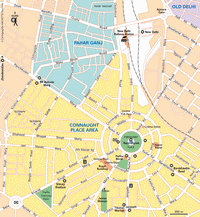 Carte de Delhi avec le quartier connaught place, les cinémas, les postes