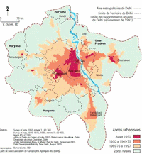 Carte de Delhi avec la date d'urbanisation des quartiers