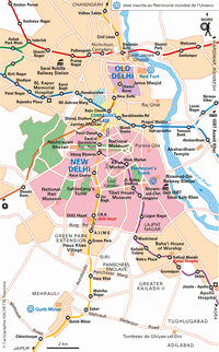 Carte de Delhi avec les grandes rues, les gares, les hôpitaux, les stations de métro et les sites classés UNESCO