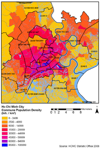 Carte de Ho Chi Minh avec la densité de population par habitant au km²