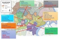 Carte d'Hô Chi Minh avec les quartiers et une description des quartiers ainsi que la distance avec le CBD Central Business District