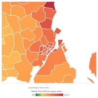 Carte de Copenhague avec le prix de l'immobilier en euro pour un mètre carré