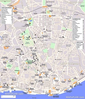 Carte de Lisbonne avec le centre historique, les cafés, les restaurants, les hébergements, les bars et les clubs
