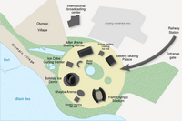 Carte de Adler au sud de Sotchi avec les constructions aux alentours du stade olympique