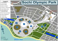 Carte de Sotchi avec le parc olympique et les installations intérieures dans la ville de Adler.