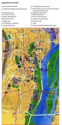 Carte du centre de Kiev avec les sites touristiques populaires, les cathédrales, les églises et les monuments