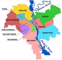 Carte de Kiev avec les divisions administratives, les quartiers (raions en ukrainien)