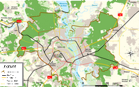 Carte de Kiev avec les voies ferrées, les voies express, les routes principales et les routes secondaires