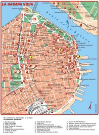 Carte de La Havane avec le quartier old havane, les cafés, les restaurants, les hôtels et les zones touristiques