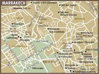Carte de Marrakech avec la gare routière, les mosquées, la synagogue et l'église catholique