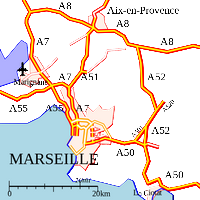 Carte de Marseille avec l'accès routier par autoroute