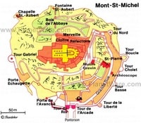 Carte du Mont-Saint-Michel avec le cloître, le réfectoire, la chapelle, les tours, les portes et le musée Grévin