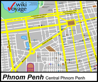 Carte du centre ville de Phnom Penh avec les rues, les restaurants, les hôtels, le marché central et le stade olympique