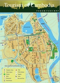 Carte de Phnom Penh avec les rues, la bibliothèque nationale, les marchés, les monuments importants et les rivières