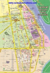 Carte touristique de Phnom Penh avec les boulevards, les rues, les restaurants, les cafés, le marché central, le palais royal et les musées