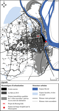 Carte de Phnom Penh avec l'urbanisation du centre historique et des nouvelles constructions
