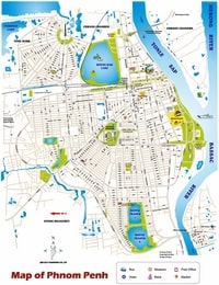 Grande carte de Phnom Penh avec les rues, les gares, les aéroports, les marchés, les lacs, les banques, les musées et les postes
