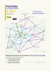 Carte du Grand Poitiers avec les temps de parcours en minutes à vélo