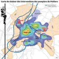 Carte de Poitiers avec les casernes des pompiers et la densité des interventions des pompiers